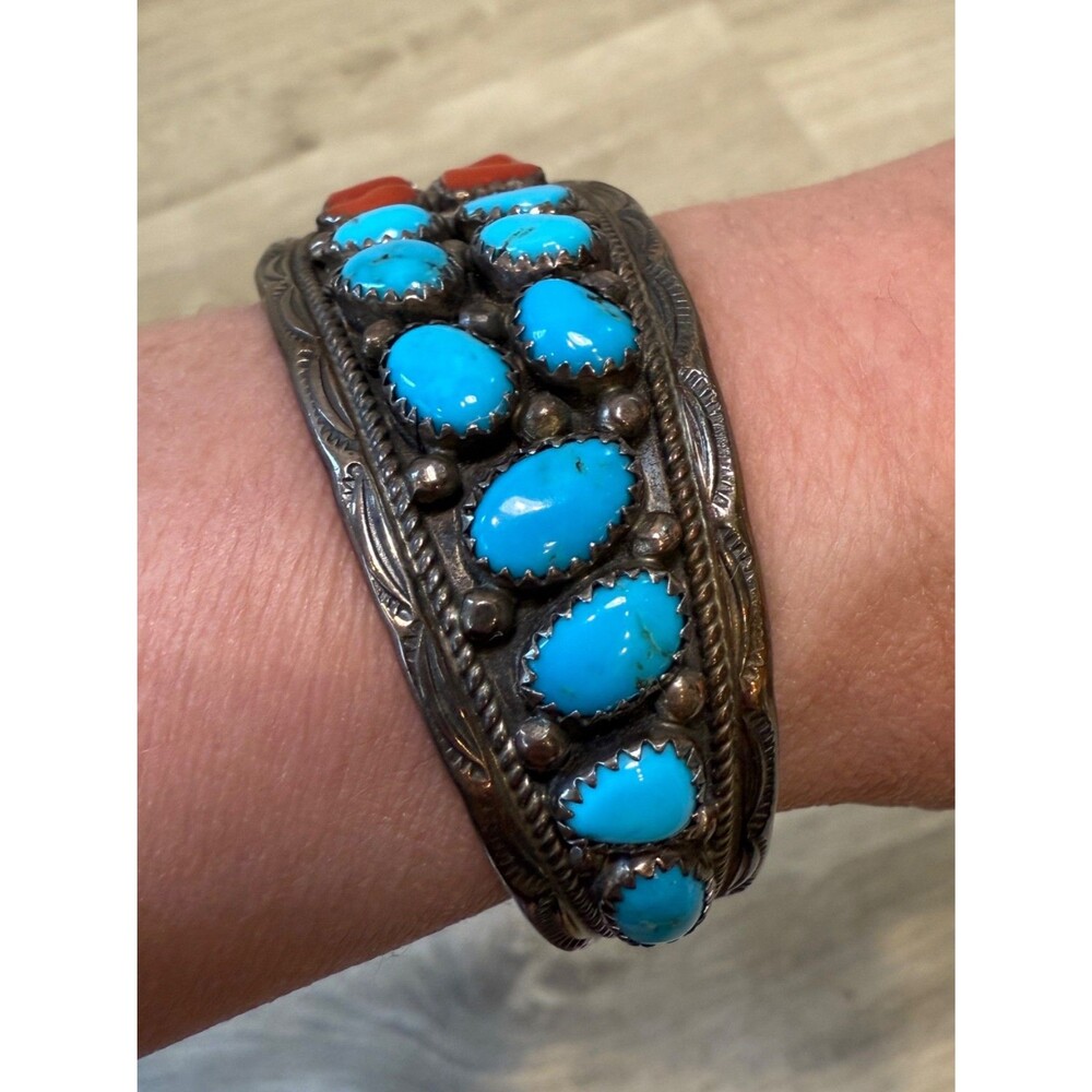 Navajo Yellowhorse Turquoise Coral Sterling Silver Cuff Bracelet Native American - Picture 3 of 16